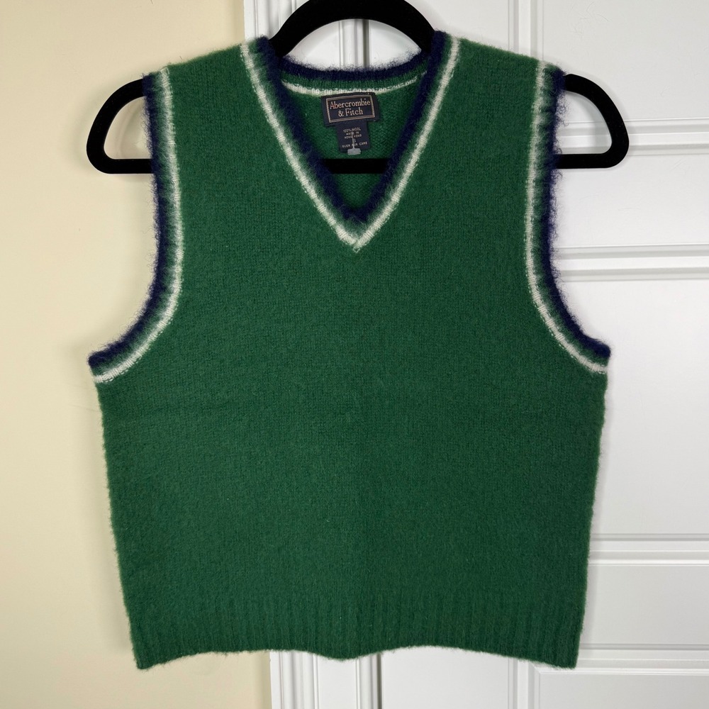 Abercrombie & Fitch Sweater Vest Womens S Green Wool V-Neck Vintage Preppy 90s